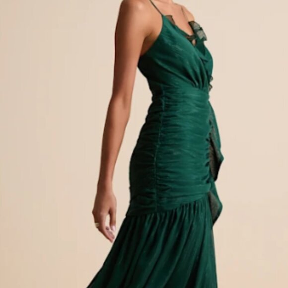 Stunning Soiree Emerald Lurex Ruched Midi Dress - Picture 1 of 3
